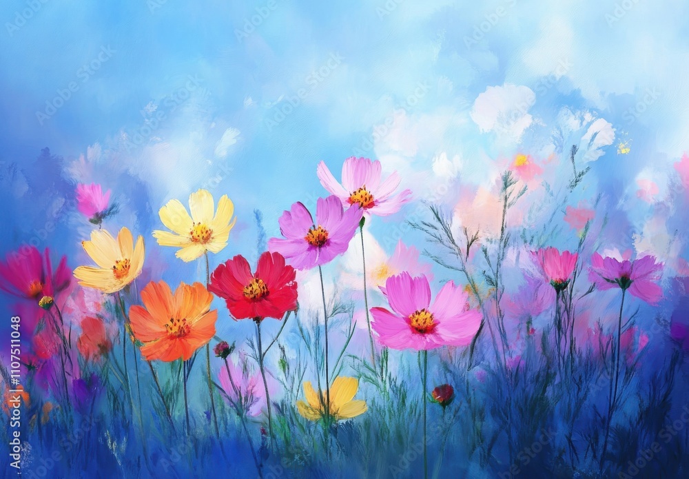 Obraz premium Colorful Cosmos Flowers Blooming in a Vibrant Field Under a Bright Blue Sky with Soft Clouds in the Background, Perfect for Nature and Spring Themes