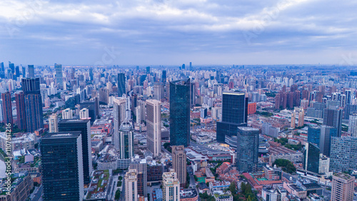 Aerial view of Shanghai skyline at sunrise