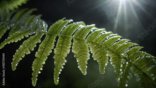 A closeup of a fern leaf covered in morning dew photo