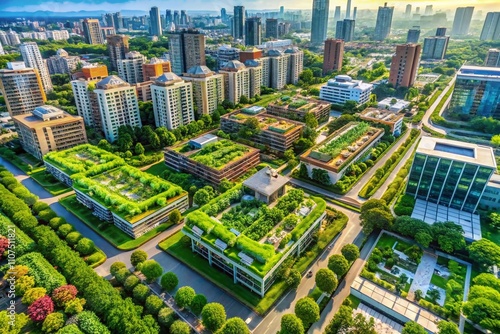 Aerial View of a Lush Green Cityscape Showcasing Urban Renewal and Sustainable Development with Parks, Green Roofs, and Eco-Friendly Architecture, Symbolizing Hope for a Greener Future photo