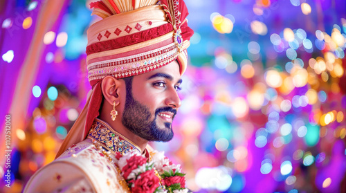 A groom dressed in traditional wedding attire, featuring intricate embroidery and vibrant colors, amidst a joyful and colorful celebration. The image captures cultural richness and festive spirit. photo