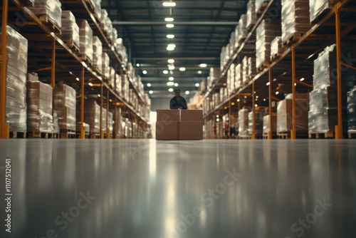 A solitary warehouse worker arranges boxes in a vast industrial space, surrounded by towering shelves of goods, under dim artificial lighting for night operations. photo