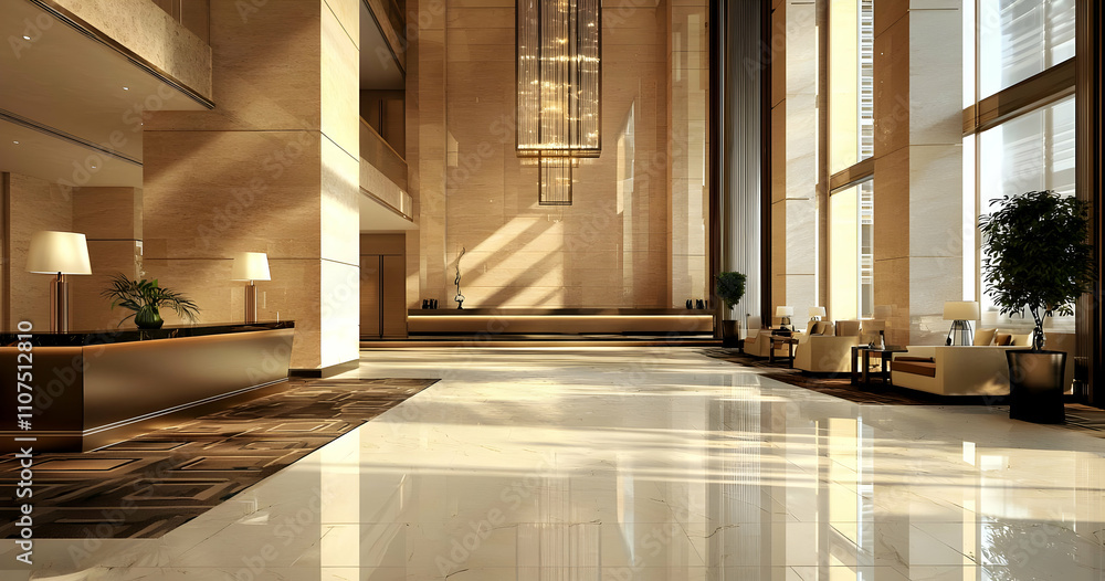 Obraz premium Contemporary hotel lobby with chic decor and clean, modern lines.