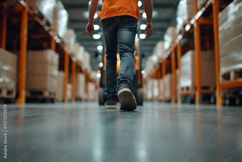 Obraz premium A person walks through a warehouse aisle, with rows of stacked boxes on either side, capturing the sense of movement and purpose in a logistical environment.