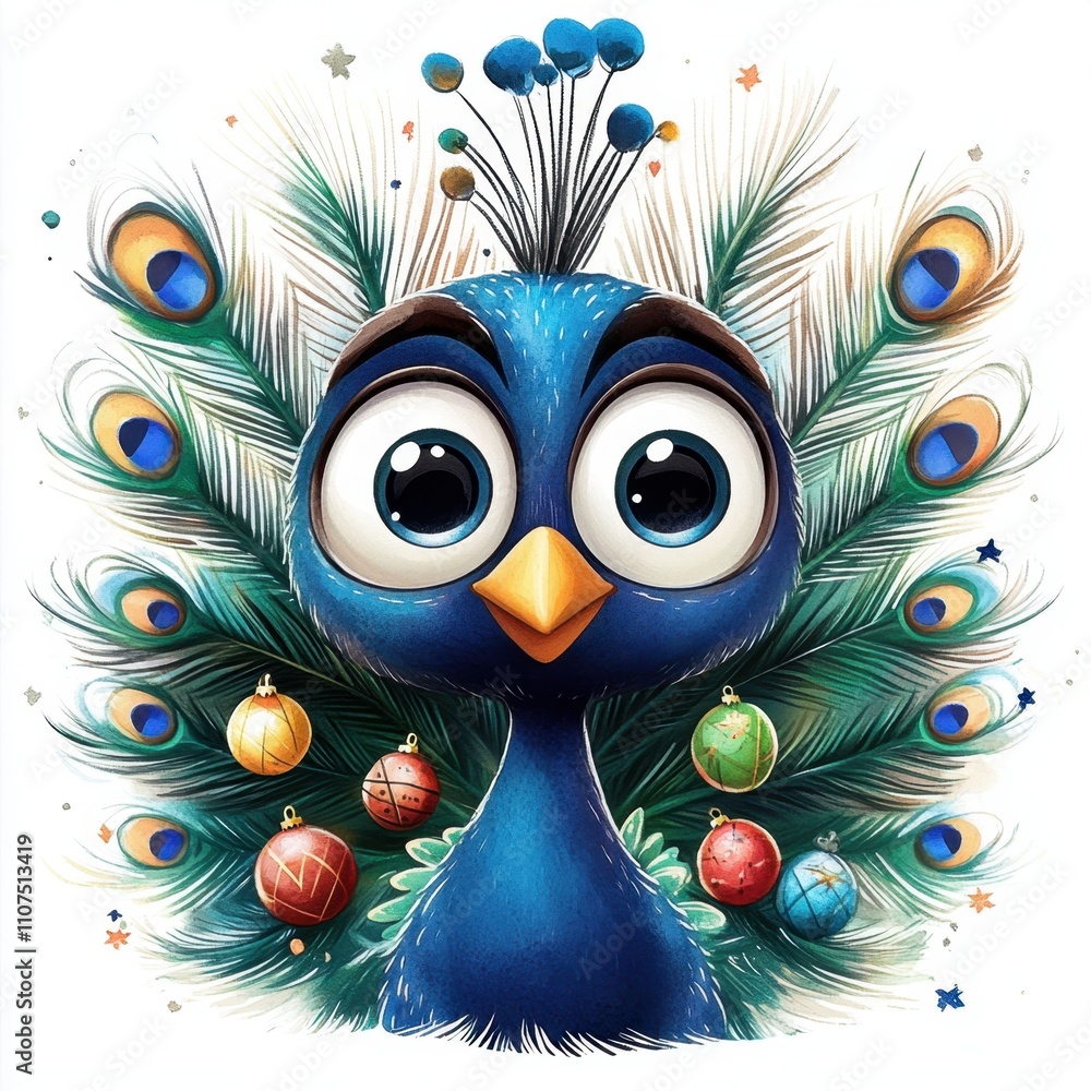 Naklejka premium Colorful cartoon peacock with large eyes surrounded by decorative Christmas ornaments and feathers