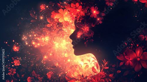 Silhouette of a woman's profile filled with vibrant floral patterns and warm colors against a dark background. Generative AI
