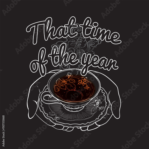 Hand drawn tea cup in hands square design. Line art tea cup held in two hands. Autumn and winter cozy outline illustration. Vector format that can be used in online and print projects. High quality.