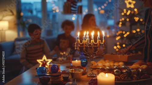 Warm Hanukkah celebration with family and festive decorations in a cozy living room