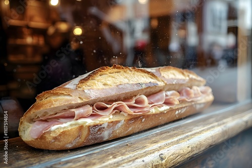 A close-up of a French jambon-beurre sandwich with crusty baguette, thin ham layers, and butter, in a rustic bakery window, reflecting Parisian charm. Sandwich jambon beurre