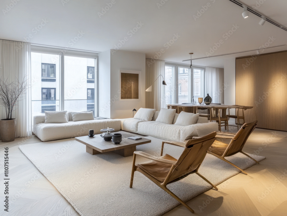 Fototapeta premium Minimalist Living Room with Neutral Tones and Wooden Accents