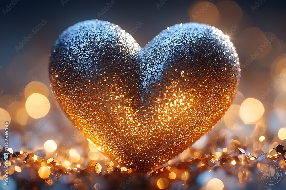 Fototapeta premium A shimmering golden heart sparkles brightly, surrounded by warm bokeh lights, conveying a romantic and festive atmosphere.