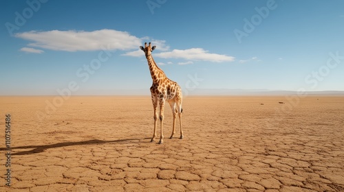 A solitary giraffe strides across a cracked, arid desert landscape under a vast blue sky, evoking themes of perseverance and the harsh beauty of natural existence. photo