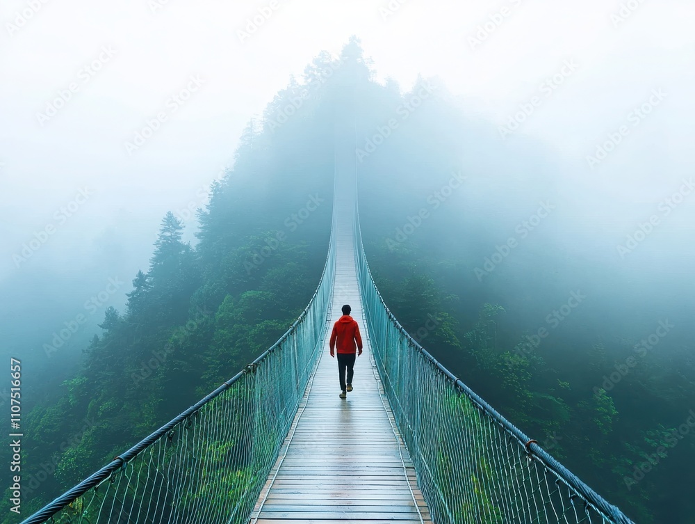 Fototapeta premium Daring adventurer crosses high suspension bridge in misty mountains capturing the thrill of nature’s beauty travel experience scenic viewpoint adventure concept