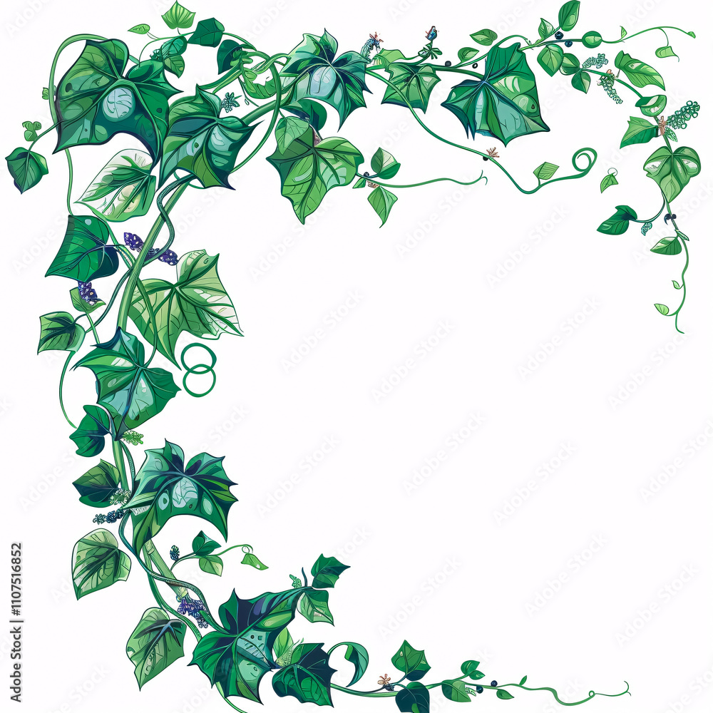 Fototapeta premium A jungle bush with three-leaved wild vine (Cayratia) and long pepper plant, framed as a nature border against a white background.