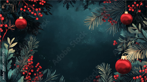 Vector illustration of Festive top view Christmas scene with, pine, balls and berries. With copy space