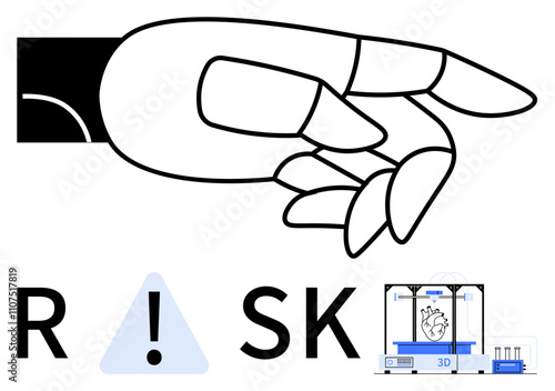 Hand pointing, letters R and K, exclamation mark in a triangle, 3D printer with a heart inside. Ideal for medical innovation, bioprinting, healthcare technology, risk awareness, futuristic medicine