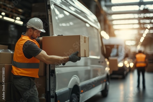 A worker wearing a safety vest and helmet unloads a box from a van inside a large warehouse, illustrating logistics and transportation in action. photo