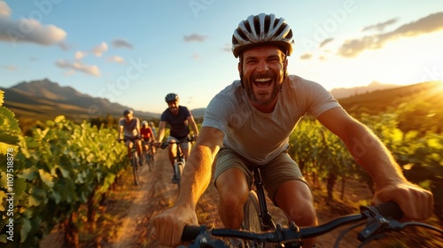 Cyclists enjoy a sunset ride through a vineyard, marked by laughter and joy as they pedal through the sunlit path, surrounded by nature's warmth. photo