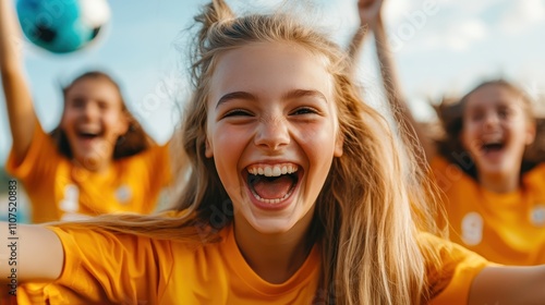 Three young girls clad in yellow jerseys are seen enthusiastically celebrating with wide smiles, capturing a moment of shared joy and accomplishment outdoors. photo