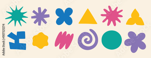 clouds and flower shapes sticker doodle retro set. Groovy funky flower, bubble, star, loop, waves trendy retro 90s 00s cartoon style.