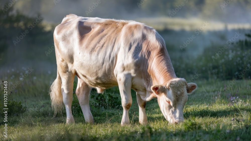 Brown and white cow grazing peacefully in a green pasture. Brown and white cow grazing peacefully in a green pasture.