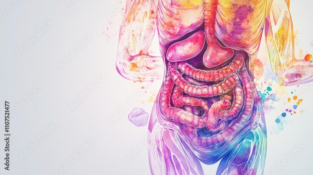 Fototapeta premium An artistic depiction of the human digestive system with vibrant, animated digestive processes and glowing organs, set against a soothing