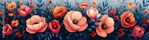 Wallpaper Mural Vibrant floral arrangement with pink and orange poppies, detailed leaves, and a dark blue background. Torontodigital.ca