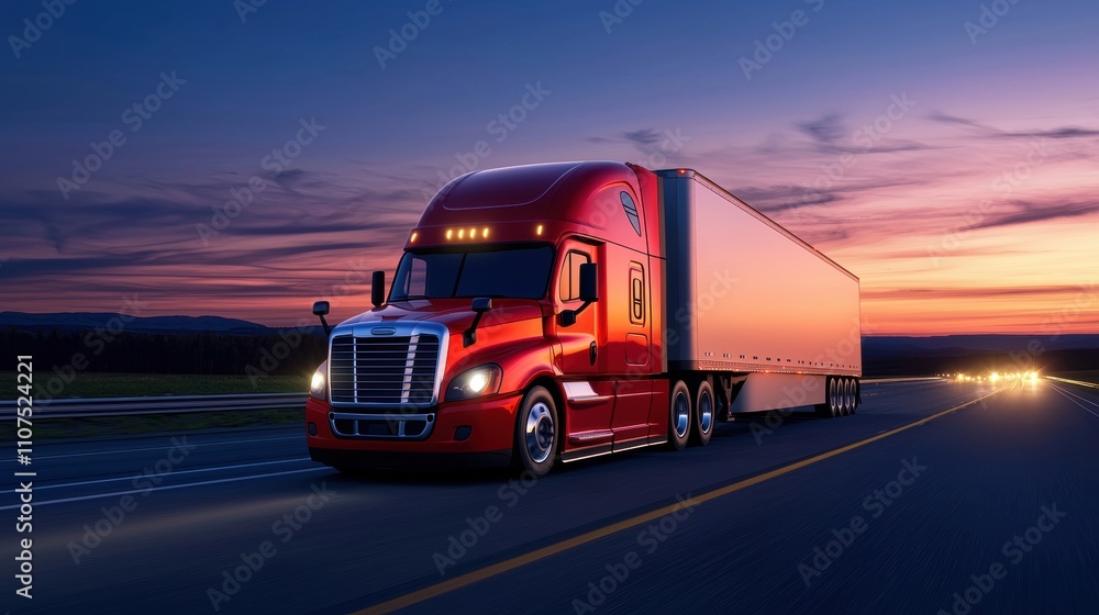 Obraz premium Majestic Red Truck Driving Through a Scenic Sunset Highway