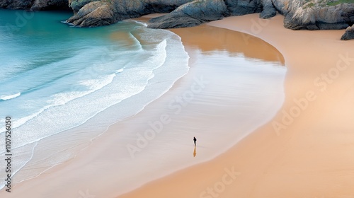 Serene beach scene with a man walking along the ocean shore all alone, Ease of thought, purification of consciousness, freedom of choice, finding yourself. photo