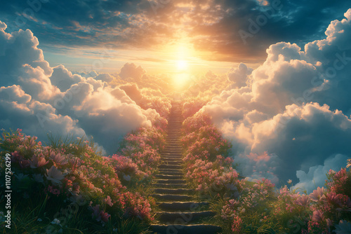 Stairway to enlightenment dreamy landscape nature scene cloudy sky inspirational concept