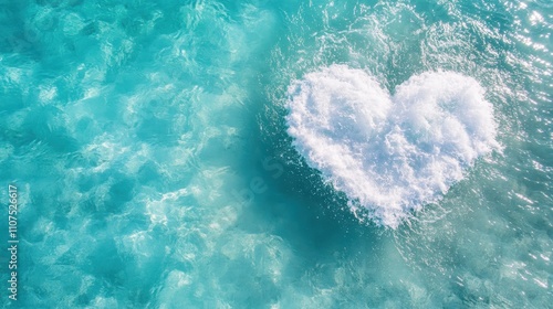 A heart-shaped foam formation floats on the clear, turquoise ocean surface, symbolizing love and calmness in nature's vast aquatic expanse under the sunlight. photo