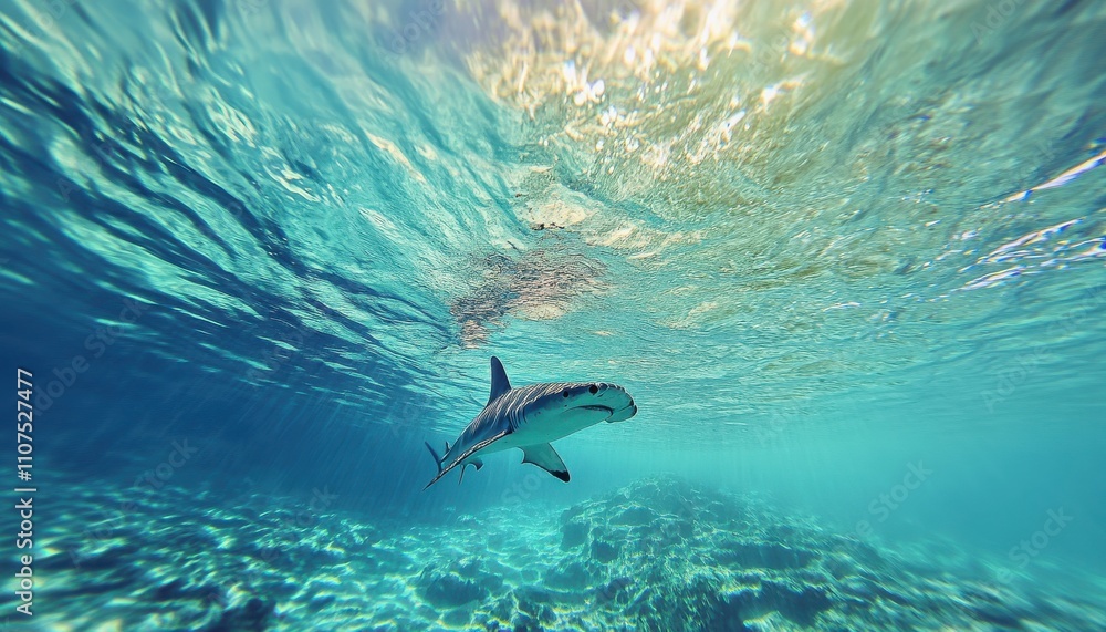 Obraz premium Majestic Shark Swimming Gracefully Through Crystal Clear Ocean Waters, Capturing the Serenity of Marine Life in Vibrant Underwater Environment