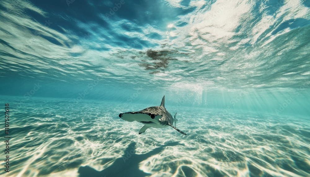 Obraz premium Majestic Shark Swimming Gracefully Through Crystal Clear Water, Light Dancing on the Surface, Underwater Serenity Captured in a Stunning Marine Landscape