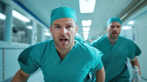 A male doctor in green scrubs, running through a hospital hallway with a look of urgency and concentration, embodying the spirit of medical commitment. photo