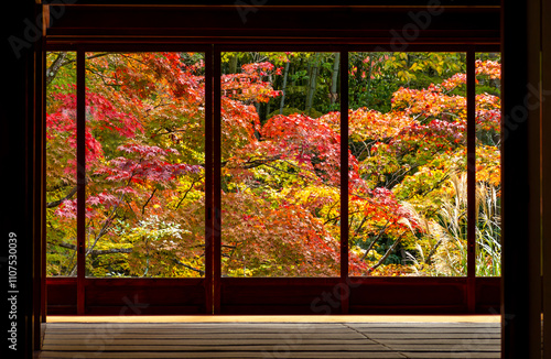 Autumn foliage seen through Nanzen-ji temple window, Kyoto, Japan photo