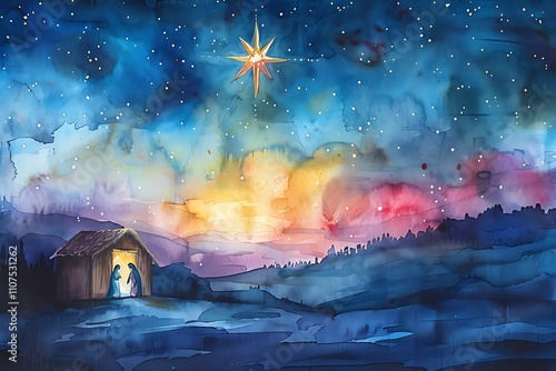 Watercolor painting of the nativity scene at night under a starry sky with a bright star.