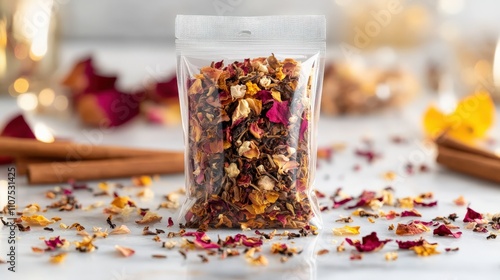 Herbal Tea Blend in Transparent Pouch on Marble with Autumn Accents
 photo