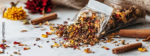 Herbal Tea Blend in Transparent Pouch on Marble with Autumn Accents
 photo