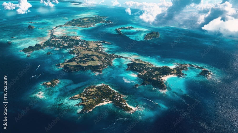 Obraz premium Aerial view of a stunning island chain, turquoise waters sparkling under a bright sky. Lush greenery contrasts beautifully with the vibrant ocean.