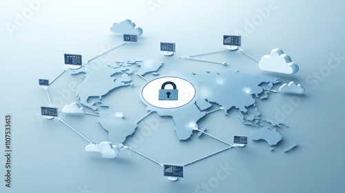 Global system network with a data encryption lock icon in the center, surrounded by cloud and server icons, showing secure, encrypted data flow between multiple international locations, Photorealistic