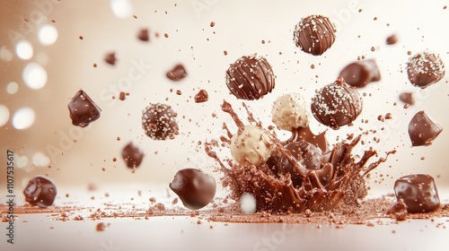 A stunning array of assorted chocolate truffles in an explosion of cocoa powder, capturing the diversity and richness of flavors with a touch of elegance. photo