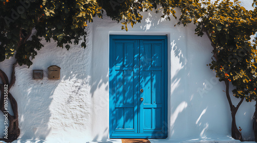 Mediterranean Escape, Whitewashed Greek House with Blue Doors Overlooking the Aegean Sea
Tranquil Greek Villa. Blue Windows and Doors with Views of the Azure Aegean Sea photo