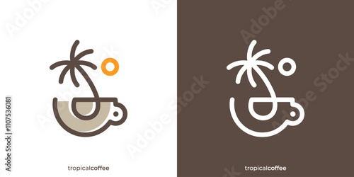 Simple Tropical Coffee Logo with Coffee Cup and Palm Tree Icon Graphic. Natural Coffee Logo Design Template.