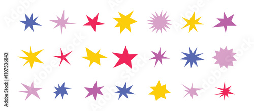 Sharp stars shapes set. Bright irregular sparks, colorful twinkles. Abstract edgy sparkle and stars elements pack. Asymmetry forms