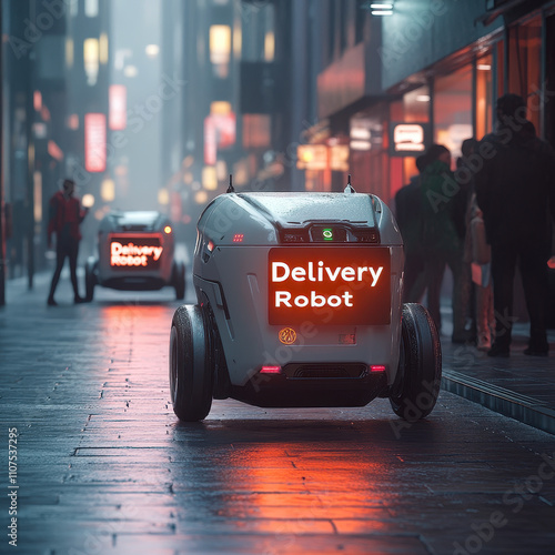 Futuristic Autonomous Delivery Robots Navigating Busy Urban Sidewalk with LED Lights photo