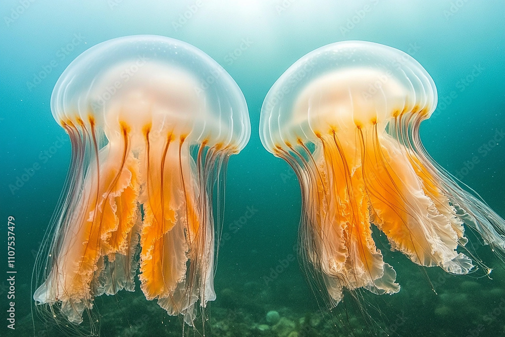 Fototapeta premium two beautiful jellyfish swim the deep blue ocean water generated by AI