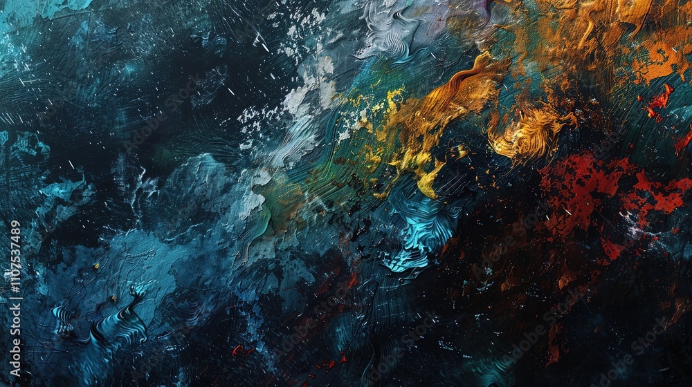 Naklejka premium Abstract Dark Blue Gold And Red Impasto Painting
