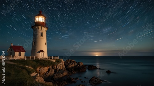 Wallpaper Mural Star trails over coastal lighthouse at night. Torontodigital.ca