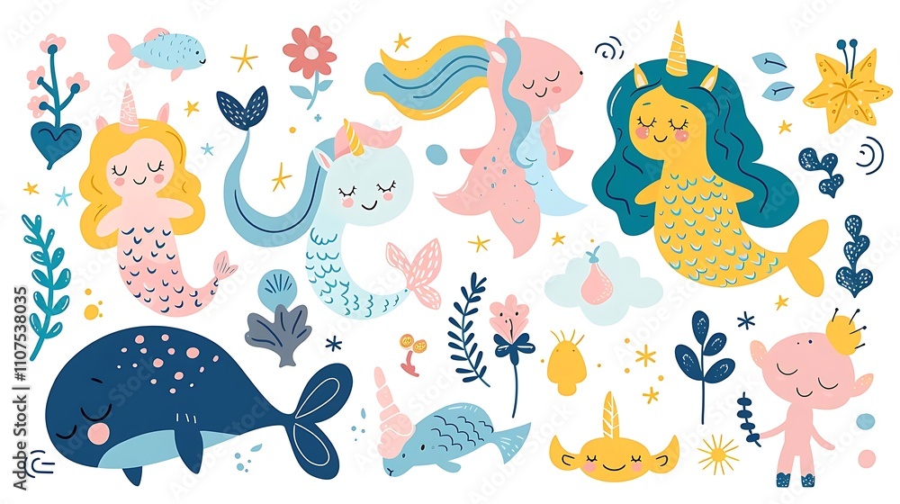 Fototapeta premium Cute cartoon mermaids, unicorns, narwhals, and floral elements illustration.