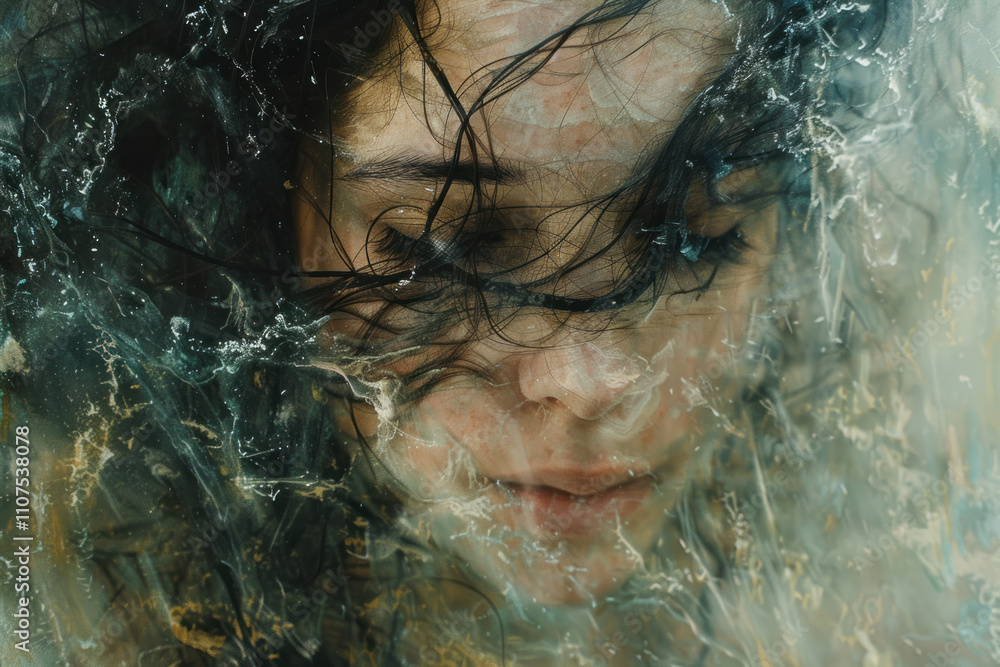 Fototapeta premium Portrait of a young woman with her eyes closed, submerged underwater. 